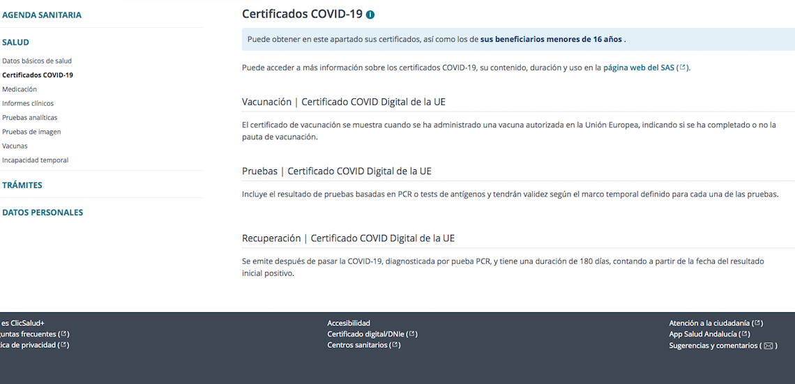 Imagen de la web de ClicSalud+ donde se puede obtener el 'Pasaporte Covid'