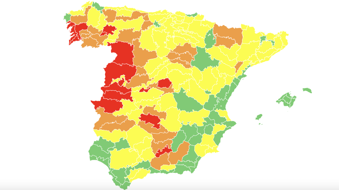 Mapa de niveles de riesgo para la salud por zonas de meteosalud (AEMET)