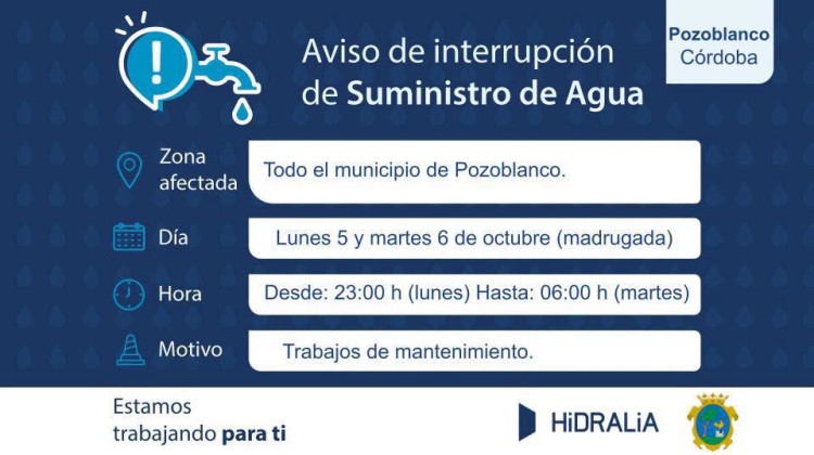 Aviso de corte de agua en Pozoblanco.
