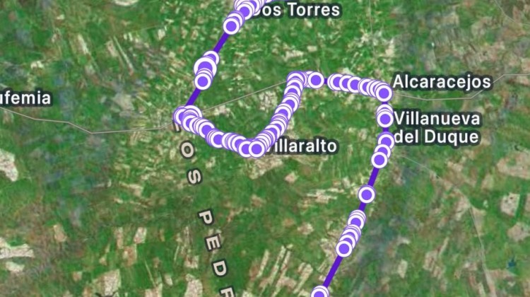 Parte del mapa de paradas que realiza el transporte escolar desde Pozoblanco a Belalcázar