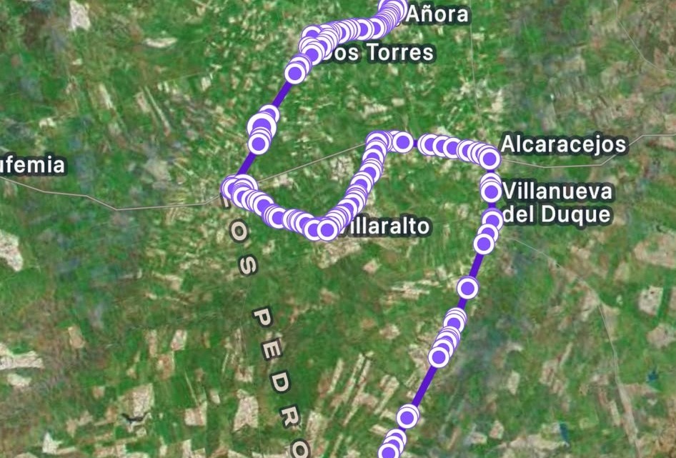 Parte del mapa de paradas que realiza el transporte escolar desde Pozoblanco a Belalcázar